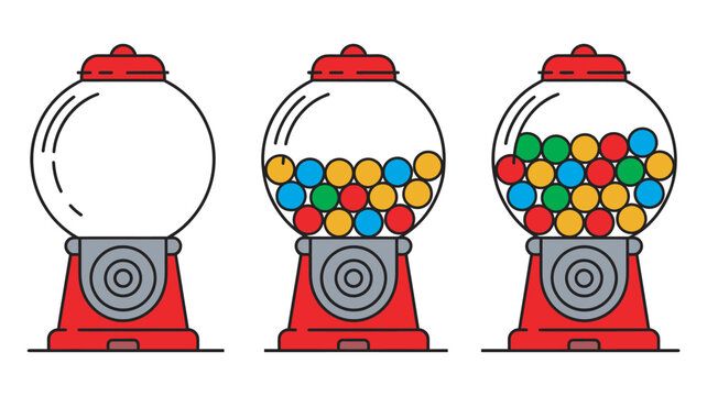 Colorful gumball machine vector set, three machines with assorted candy balls, illustration on white background for kids fun and sweet design