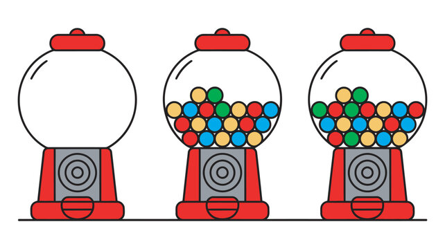 Colorful gumball machine illustration, three machines with varied candy balls, vector set on white background, fun children&rsquo;s design elements