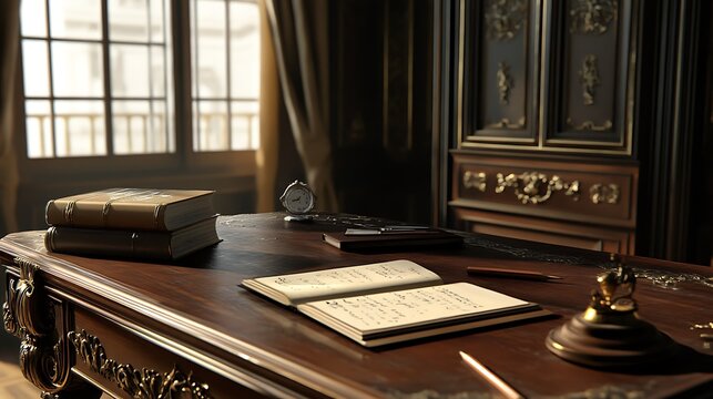 Antique wooden desk with books and clock in a vintage study room setting