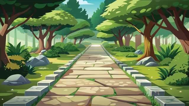 A serene stone path winding through a vibrant and lush green forest filled with ancient trees Vector