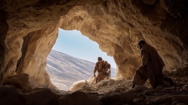 David crouches in a shadowed cave cutting Saul&rsquo;s robe as the king stands unaware, light from the desert entrance revealing restraint, mercy, and hidden tension.
