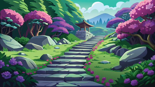 A scenic stone stairway winds through a vibrant garden landscape with blooming purple trees Vector