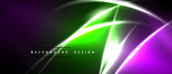 Naklejka premium Abstract neon lines create vibrant green, purple glow. Dark background emphasizes bright energy, modern design elements.