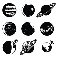 Minimalist Planet Silhouette Vector Set – 9 Celestial Icons for Tattoo Design and Space Logos © Shifaul Islam