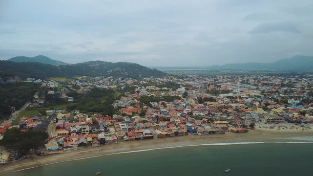 Garopaba Bay Drone View with Fishing Boats, Turquoise Sea and Rocky Coastline
