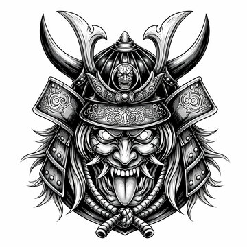 Japanese Samurai Warrior Helmet Oni Mask Illustration