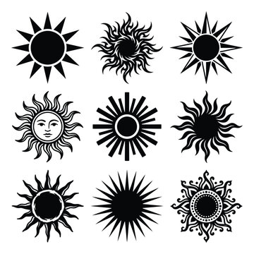 Set of 9 Sun Silhouette Vector Icons for Tattoo and Design