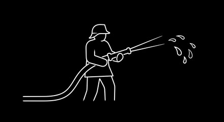 Naklejka premium White outline of a firefighter spraying water on a black background