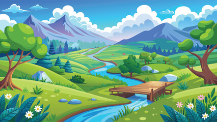 A vibrant cartoon landscape featuring a gentle winding river flowing through green lush hills. Vector