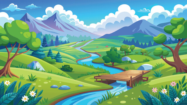 A vibrant cartoon landscape featuring a gentle winding river flowing through green lush hills. Vector