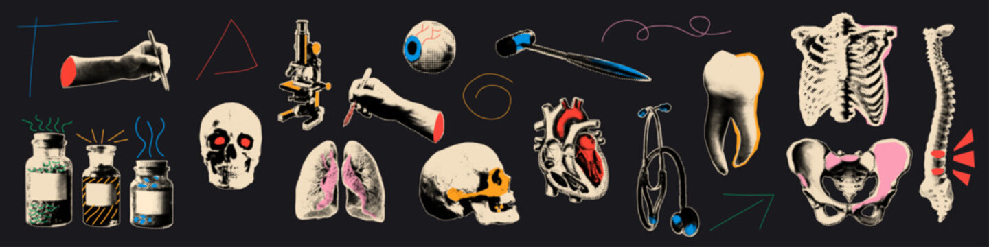 Halftone medical cutout set.  Collection of  biology collage elements.