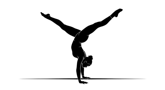 Black silhouette of a woman in handstand pose with legs split, on white background