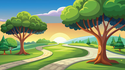 Fototapeta premium A serene landscape featuring a winding pathway through a vibrant green park under a golden sunrise Vector