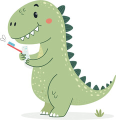 Naklejka premium Cute Dinosaur Brushing Teeth with Toothbrush and Toothpaste