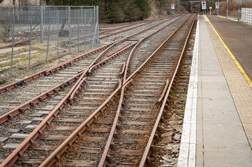 Obraz premium Points to siding line alongside the Platform at Thurso Railway station Scottish Highlands, Caithness, Scotland, UK