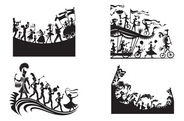 Fototapeta premium Set of four black and white vector silhouettes portraying lively parades and festive celebrations with people playing instruments and dancing in various historical styles