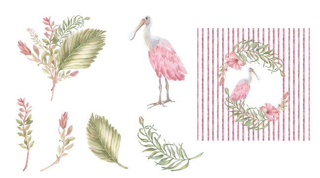 Tropical palm leaves set and roseate spoonbill bird watercolor illustration. Botanical foliage clipart for wedding invitation design muted tones. Exotic summer floral template with striped background.