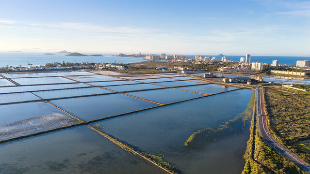Aerial view of La Manga coastline and salt flats in Murcia Spain