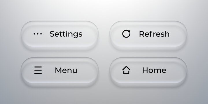 Set of navigation buttons with glass morphism effect. User interface elements for mobile application and website design. Innovative liquid frosted plastic style for modern software.