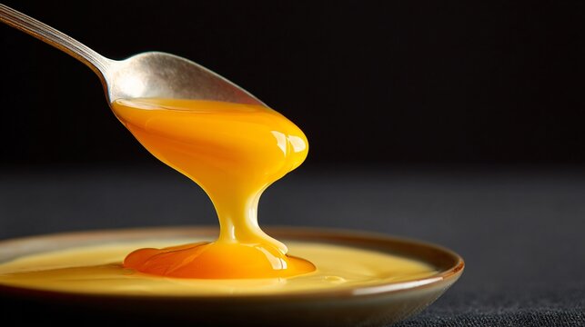 A spoon lifting creamy custard mixed with citrus jelly