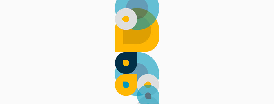 Abstract geometric shapes overlap, creating layered visual effect. Colors include yellow, blue, green, gray. Minimalist design on white background.