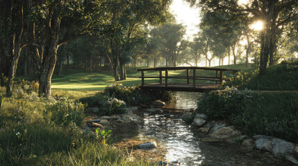 Fototapeta premium Scenic view of a wooden bridge over a tranquil stream surrounded by lush greenery and trees in a serene golf course landscape during golden hour