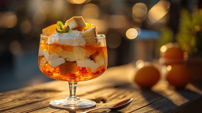 A perfectly layered and chilled Aperol Spritz trifle with vibrant orange jelly, airy mascarpone cream, and sponge soaked in Aperol and prosecco, served in a clear glass bowl on a rustic wooden table