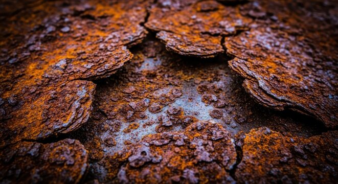 A dramatic, extreme macro shot of oxidizing metal, showing jagged rust flakes and deep pits that resemble an otherworldly terrain, mineral, copper, alien