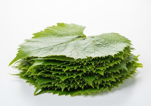 A large pile of fresh green edible grapevine leaves, stacked neatly, ready for wrapping stuffed rolls or preserving for later use, leaves, produce, food