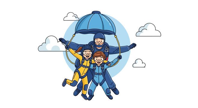 Family Tandem Skydiving Adventure Joyful Descent Illustration