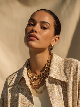 Medium close-up portrait of a female model wearing an open muted beige deer print shirt over a cream crop top against a minimal sandy beige studio backdrop.