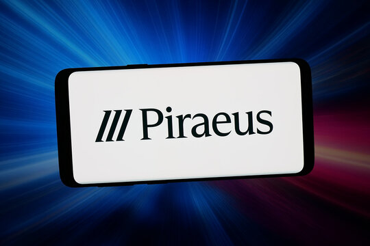 Stuttgart, Germany - 03-31-2026: In this photo illustration, the logo of Greek financial services company Piraeus Bank is displayed on a smartphone in front of abstract background on computer screen.