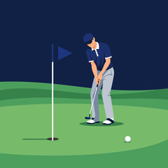 Obraz premium Golfer Concentrates on Winning Putt Under Evening Sky