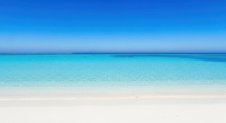 Obraz premium A breathtaking view of paradise with immaculate white sand, calm, clear ocean waves, and a vibrant deep blue sky, calm, summer, sunny