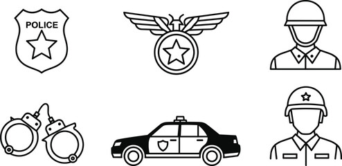 Police Badge, Handcuffs, Officer Helmet, and Patrol Car Icons, Law Enforcement Equipment and Symbols © Mominul