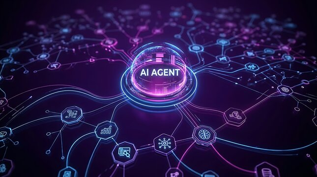 Ai agent futuristic network visualization with centralized intelligence core
