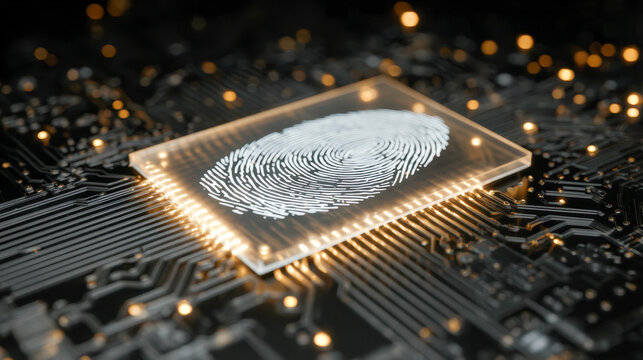 Futuristic digital fingerprint scanner integrated on a glowing microchip highlighting advanced biometric security technology on a sleek circuit board background