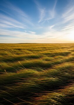 A dramatic, wide view of high prairie grasses bending sharply under the force of relentless, invisible atmospheric currents, symbolizing constant motion, infinite, wind, environment