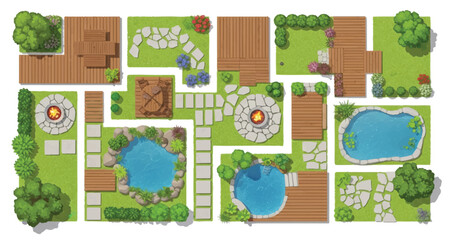 Landscape garden top view layout set with backyard patio designs, swimming pools, ponds, fire pits, and stone pathways for architectural site planning isolated on white background.