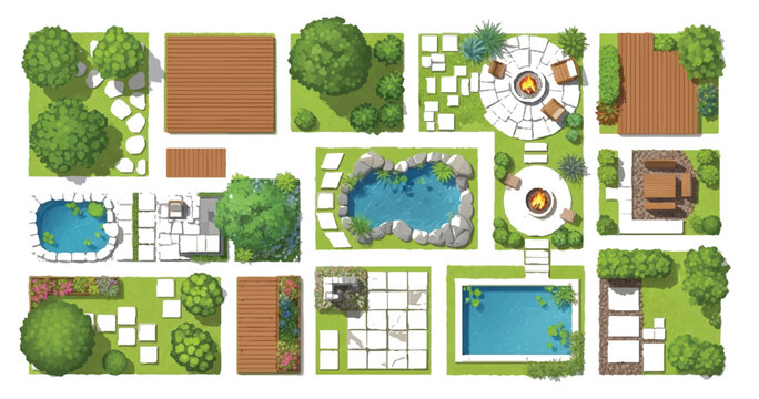 Landscape garden plan layout set with top view garden elements, backyard patio designs, swimming pools, ponds and fire pits isolated on white background.