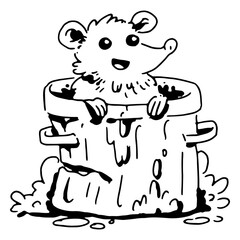 Hand-drawn opposum coming out of trash can © Vexels