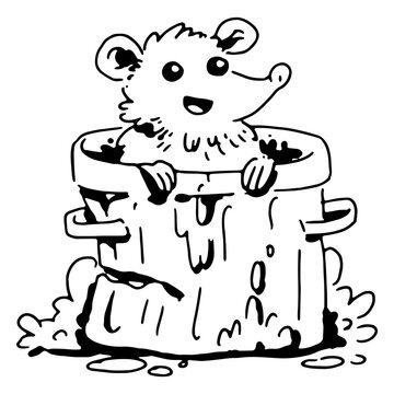 Hand-drawn opposum coming out of trash can