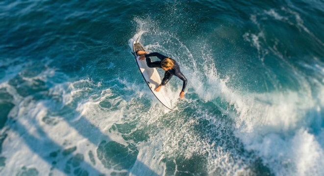 uma foto de cima de uma surfista pegando uma onda