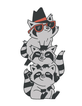 Three raccoons wearing glasses and hats on top of each other
