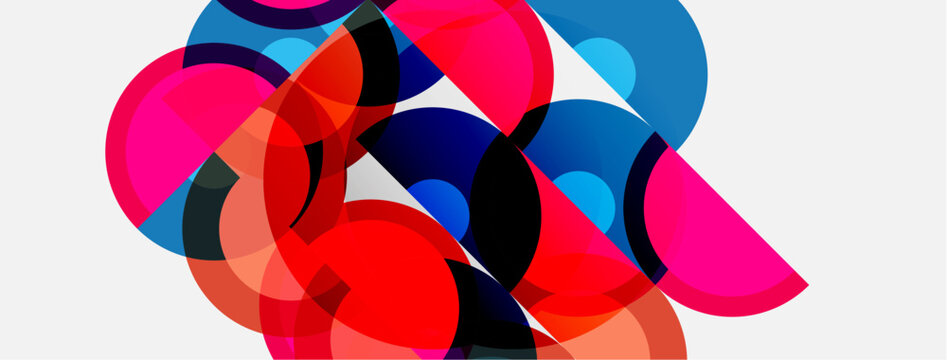 Abstract composition. Overlapping circles, vibrant colors, pinks, blues, reds dominate. Modern design, simple shapes create dynamic visual impact.