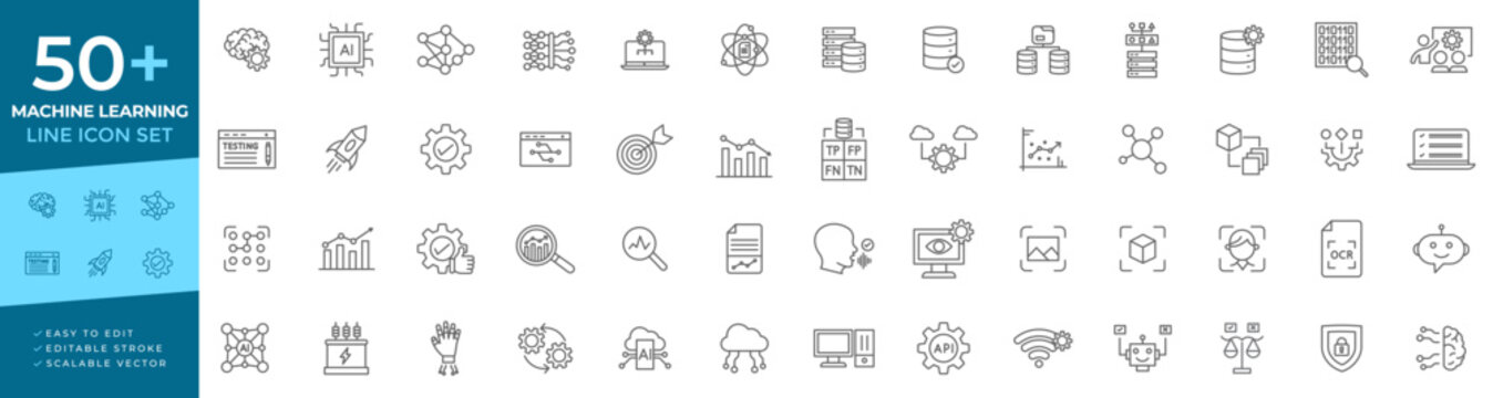 Machine learning line icon set featuring artificial intelligence, neural networks, data mining, deep learning, robotic automation, and algorithm symbols for AI concepts.