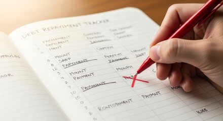 Obraz premium Man filling out debt repayment tracker in notebook. Financial planning and budget management. Personal finance organization for credit card payoff and economic stability through goal setting.