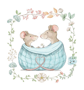Watercolor composition card with family of smiling pair of mice animals in cozy in blue blanket plaid for Valentine's Day framed of flowers isolated of white background. Hand drawn illustration