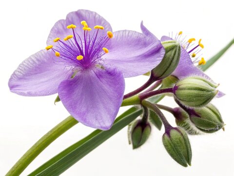 Tradescantia &ndash; Purple tradescantia spiderwort three-petaled bloom with yellow stamens, isolated on white background.