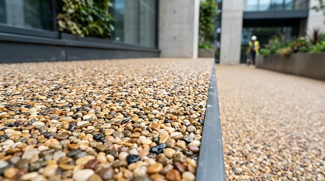 Close-up of modern resin-bound gravel pathway with drainage channel.